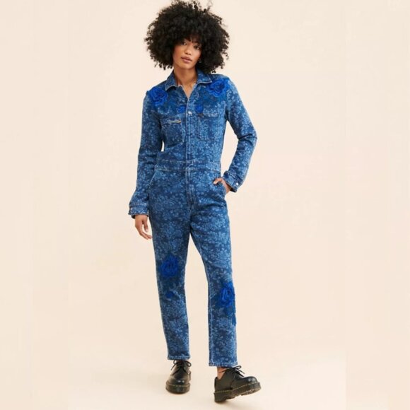 Tricia Fix Pants - Tricia Fix embellished upcycled floral denim jumpsuit ~ L